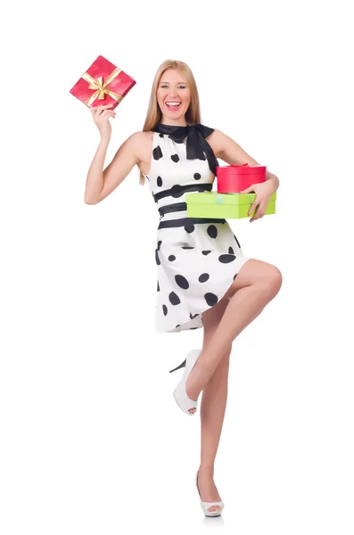 Jonge vrouw met kerst winkelen op wit — Stockfoto