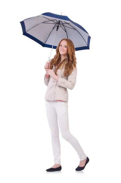 Junge Frau mit Regenschirm auf weißem Grund — Stockfoto