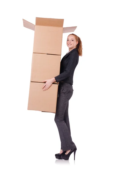 Mujer mujer de negocios con cajas en blanco — Foto de Stock