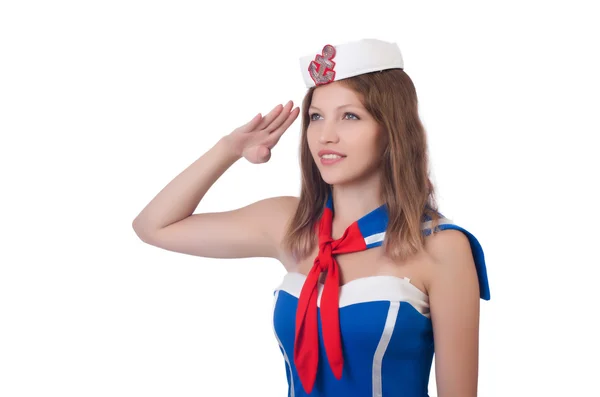 Junge Stewardess salutiert isoliert auf Weiß — Stockfoto