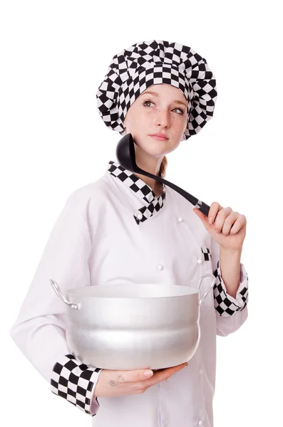 Μάγειρας νεαρή γυναίκα που απομονώνονται σε λευκό — Φωτογραφία Αρχείου