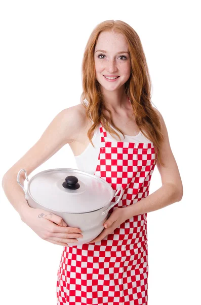 Молода жінка готує ізольовані на білому — стокове фото