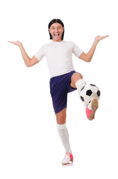 Młody piłkarz grający na pozycji napastnika na biały — Zdjęcie stockowe