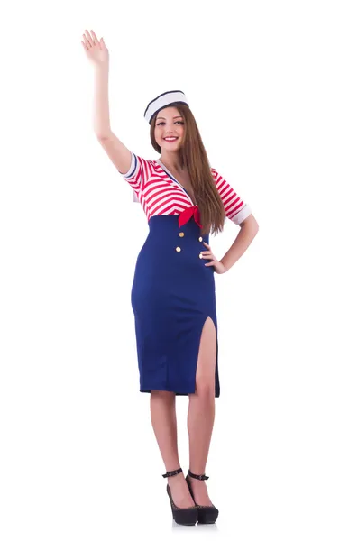 Young airhostess saluting isolated on white — Stock Photo, Image