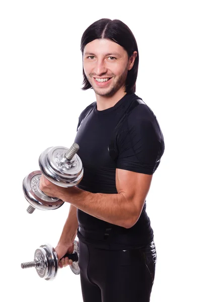 Entrenamiento de hombre con mancuernas en blanco —  Fotos de Stock