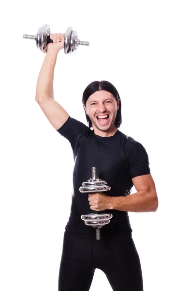 Man training with dumbbells on white — Stock Photo, Image