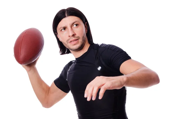 Hombre entrenando con fútbol americano en blanco — Foto de Stock