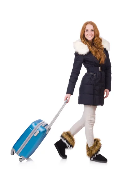 Woman with suitcase preparing for winter vacation — Stock Photo, Image