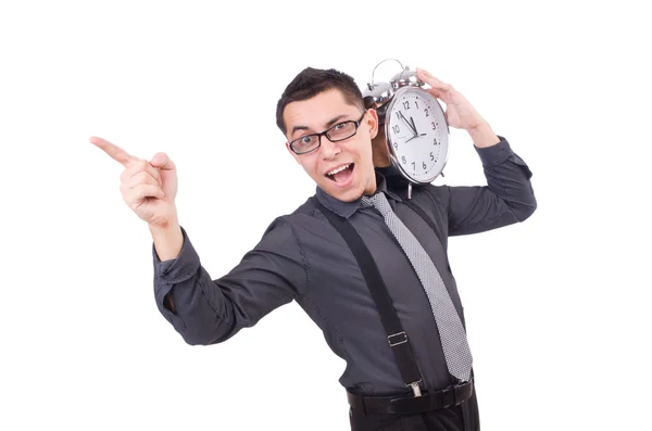 Divertido hombre de negocios con reloj aislado en blanco —  Fotos de Stock