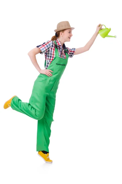 Woman with watering can on white — Stock Photo, Image