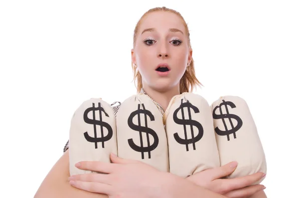 Jonge zakenvrouw met geld zakken op wit — Stockfoto