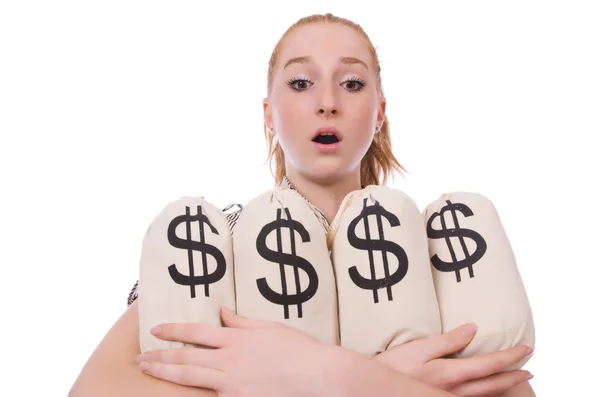 Young businesswoman with money sacks on white — Stock Photo, Image