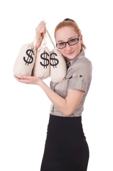 Jonge zakenvrouw met geld zakken op wit — Stockfoto