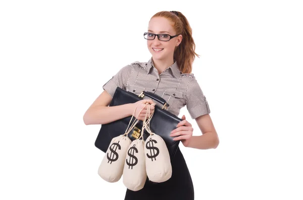 Young businesswoman with money sacks on white — Stock Photo, Image