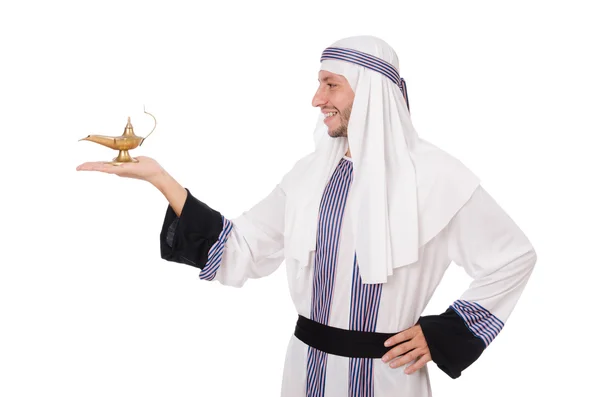 Arabische man met lamp geïsoleerd op wit — Stockfoto