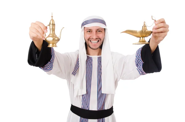 Arabische man met lamp geïsoleerd op wit — Stockfoto