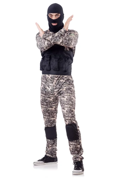 Soldaat in camouflage geïsoleerd op wit — Stockfoto