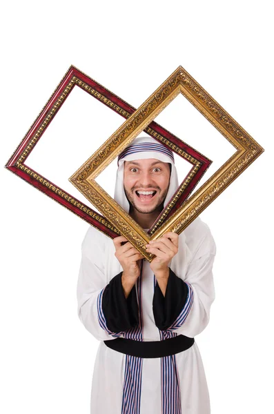 Jeune arabe avec cadre photo sur blanc — Photo