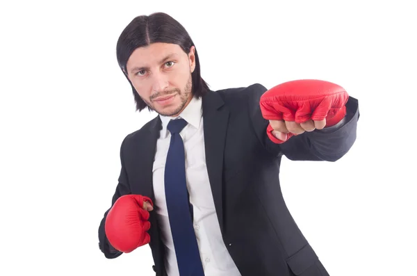 Empresário com luvas de boxe em branco — Fotografia de Stock