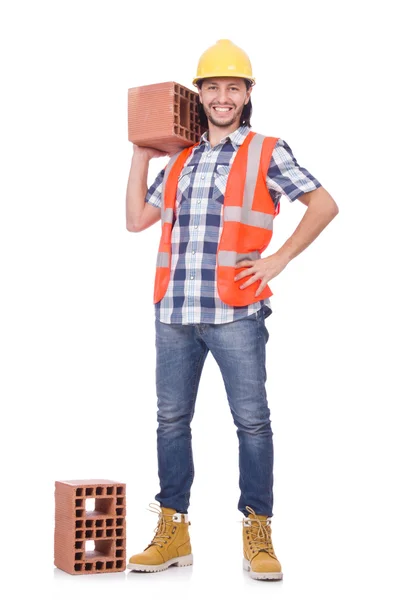 Builder with clay bricks isolated on white — Stock Photo, Image