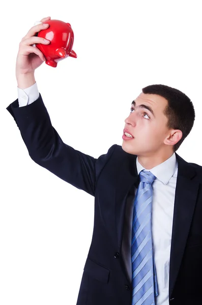 Hombre con piggybank aislado en blanco —  Fotos de Stock