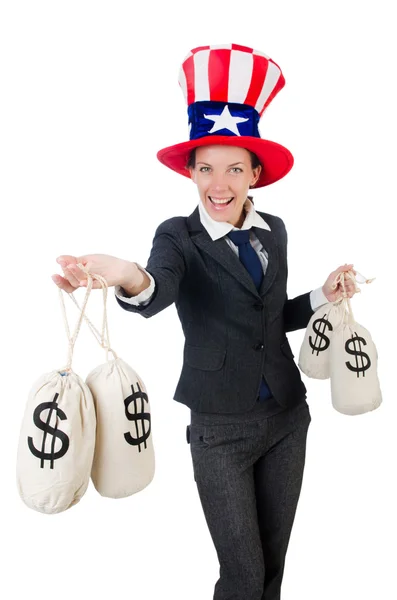 Empresária com sacos de dinheiro em branco — Fotografia de Stock