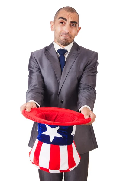 お金を求めてアメリカの帽子を持つ男 — ストック写真