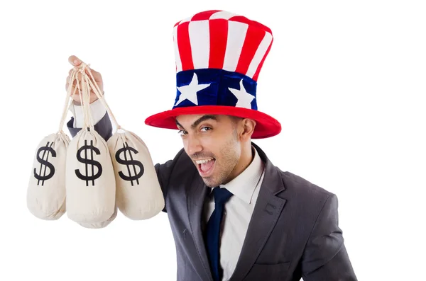 Muž s pytli na dolary na bílém — Stock fotografie