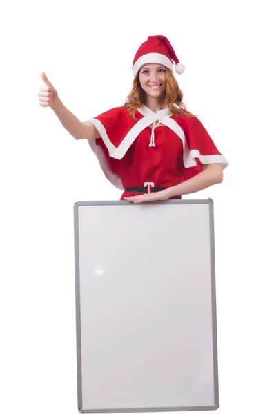 Fiatal nő piros télapó jelmezben üres táblával — Stock Fotó