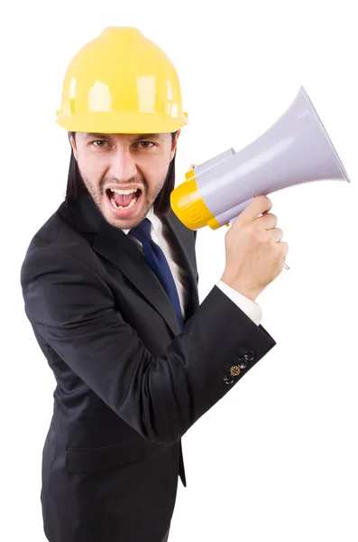 Man with helmet and loudspeaker on white — Stock Photo, Image