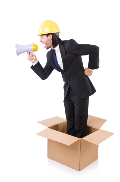 Mann mit Hut und Lautsprecher steht in der Box — Stockfoto
