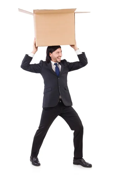 Funny man with boxes on white — Stock Photo, Image