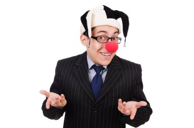 Palyaço işadamı beyazda soyutlanmış