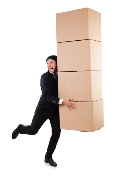 Funny man with boxes on white — Stock Photo, Image