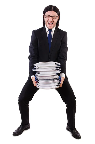 Funny man with lots of papers on white — Stock Photo, Image