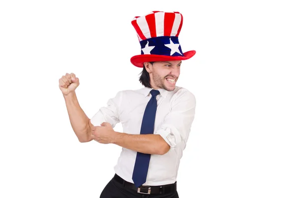 Człowiek z amerykańską flagą odizolowany na białym — Zdjęcie stockowe