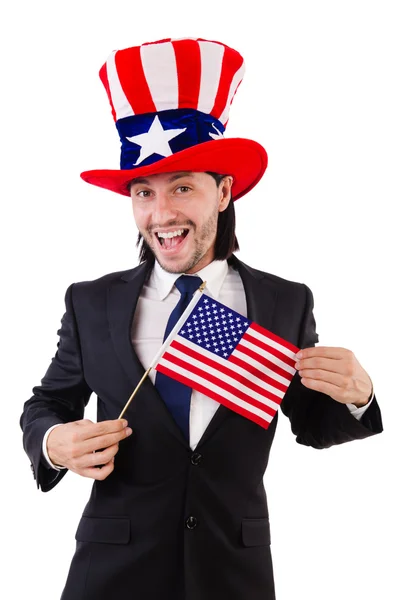 Άνθρωπος με αμερικανική σημαία απομονωμένος σε λευκό — Φωτογραφία Αρχείου