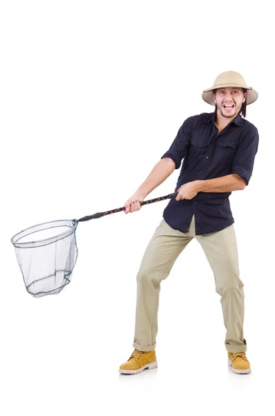 Funny guy with catching net on white — Stock Photo, Image