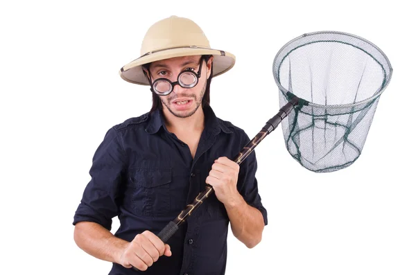 Funny guy with catching net on white — Stock Photo, Image