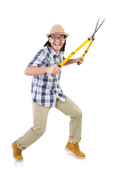 Funny guy with garden shears on white — Stock Photo, Image