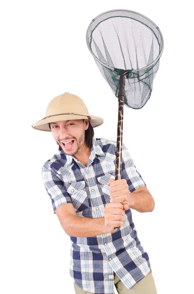 Homme drôle avec filet attrapant sur blanc — Photo