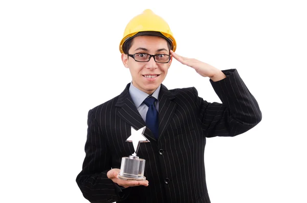 Homme drôle avec prix et hardhat — Photo