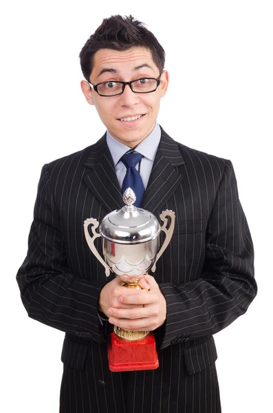 Funny guy receiving award on white — Stock Photo, Image