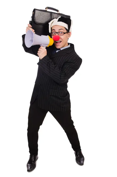 Affärsman clown med högtalare på vitt — Stockfoto
