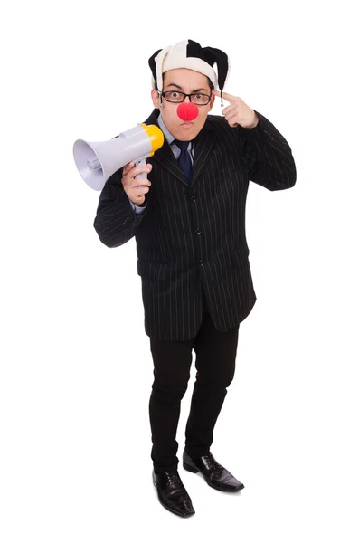Клоун-бизнесмен с громкоговорителем на белом — стоковое фото