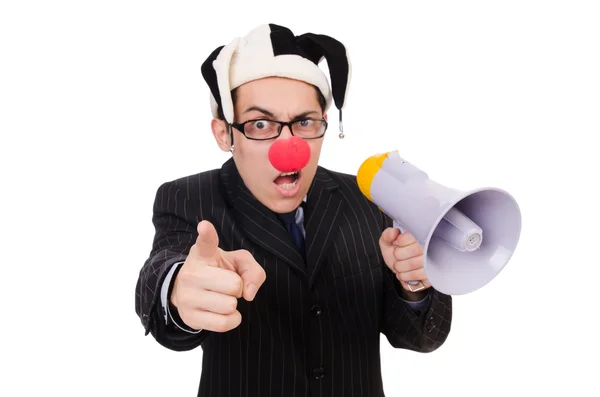 Geschäftsmann Clown mit Lautsprecher auf weiß — Stockfoto