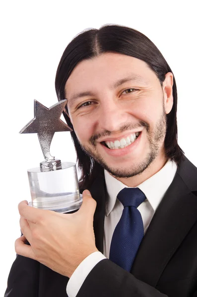 Businessman with star award isolated on white — Stock Photo, Image