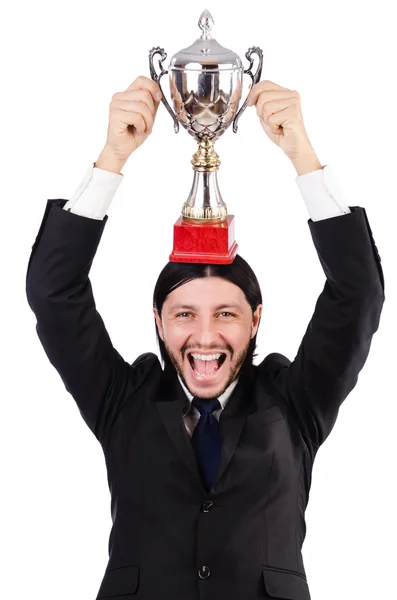 Businessman awarded with prize cup isolated on white — Stock Photo, Image