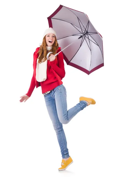 Νεαρή γυναίκα με ομπρέλα στο λευκό — Φωτογραφία Αρχείου