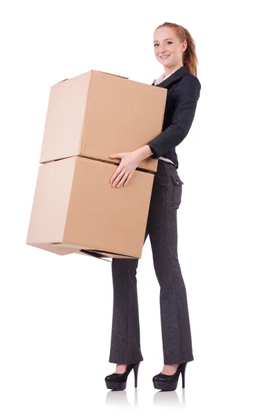 Woman businesswoman with boxes on white — Stock Photo, Image